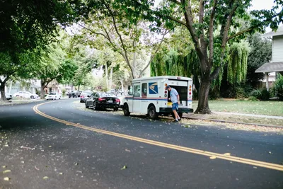 A US mail carrier retrieves packages from a postal van on a peaceful tree-lined street.